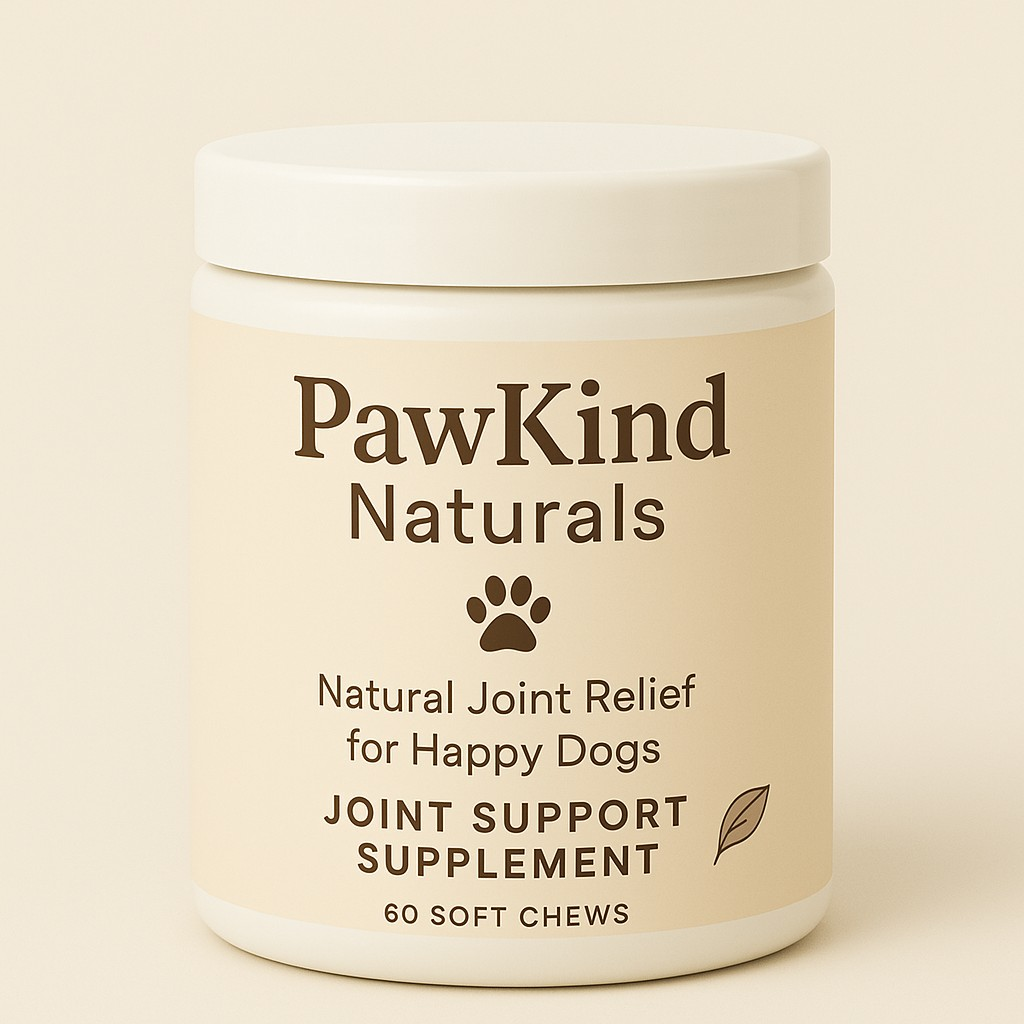 Jar of PawKind Naturals joint support supplement for dogs on a beige background