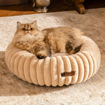 MEWOOFUN Donut Cat Bed - Washable Round Pet Bed For Indoor Cats & Kittens, Fluffy Non-Slip Calming Bed For Small Dogs, Light Brown